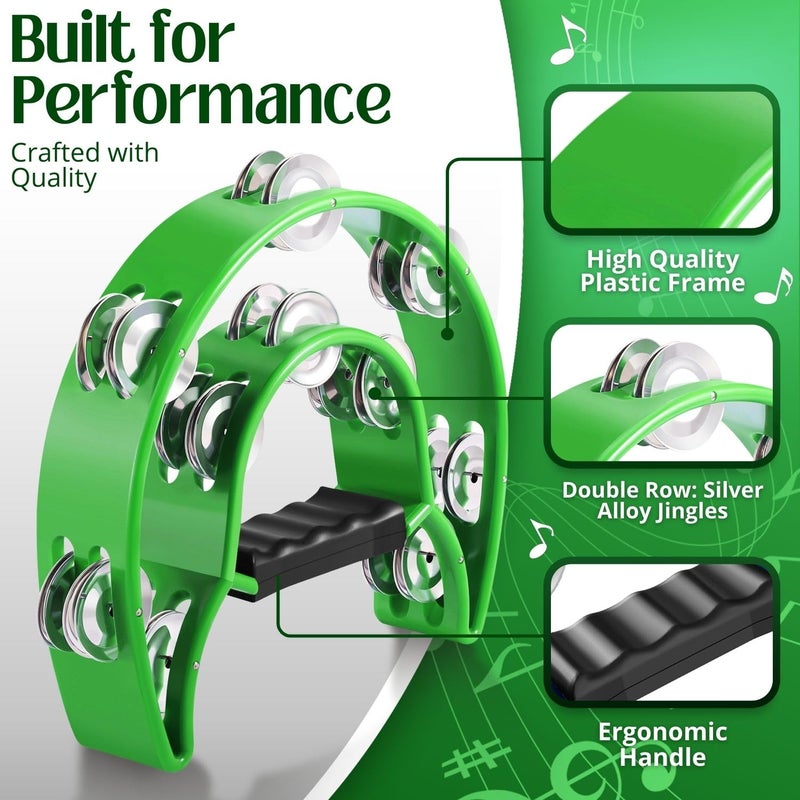 Flexzion Tambourine Metal Half Moon Musical Instruments Double Row Metal Jingles Hand Held Instruments Percussion with Ergonomic Handle Grip, Tambourines for Adults, 2 Packs - Green - Image 3